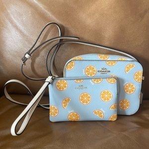 NWOT Coach orange print bag and wristlet set
